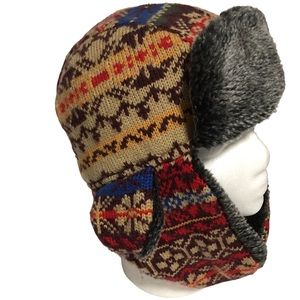 Aviator cap faux fur knit ear flaps knit cap multi color chin clasp OS E…